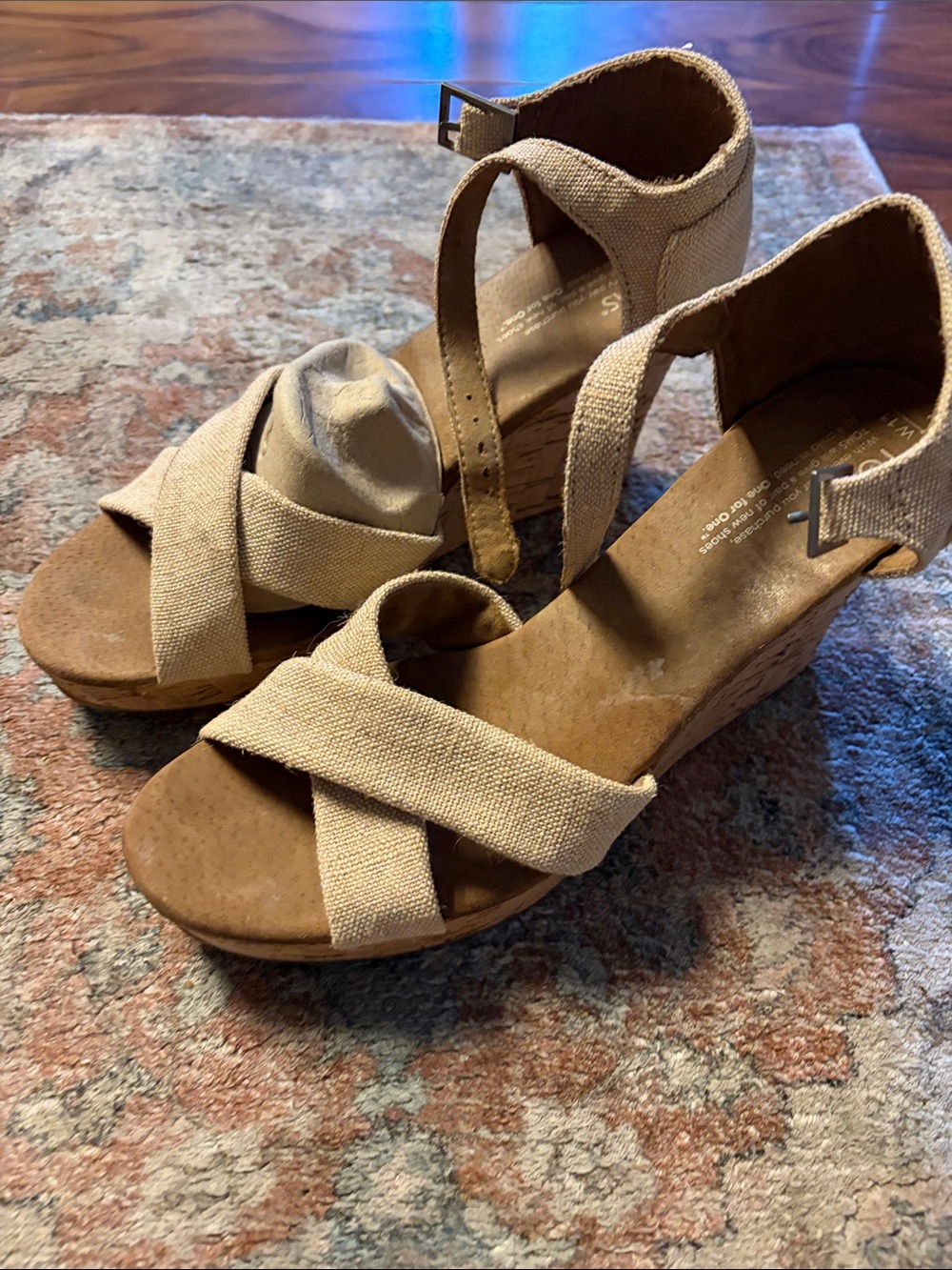 Toms Neutral Tan Canvas Crisscross Wedge Espadrilles